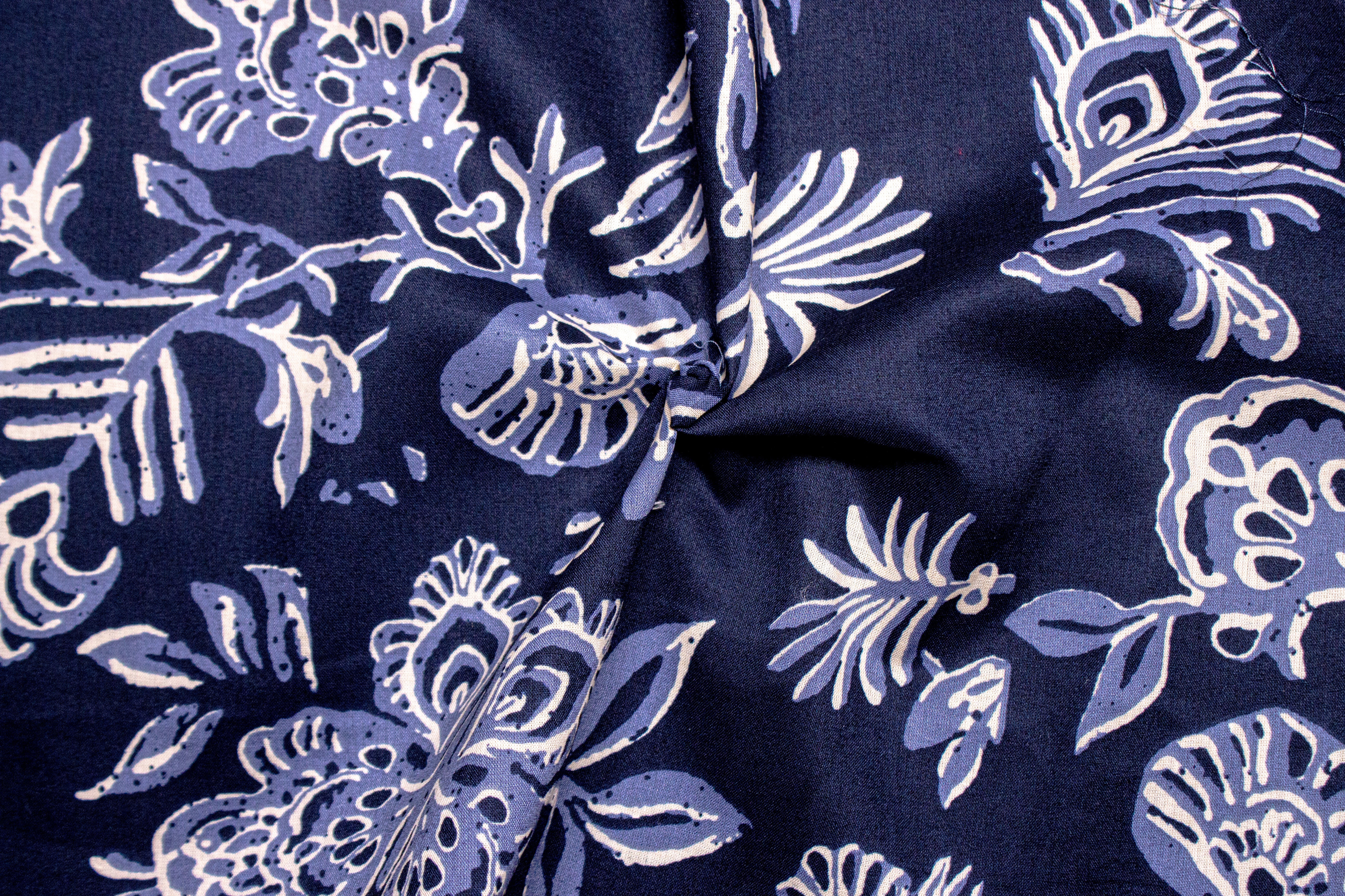 Navy Floral Print Cotton Cambric Fabric