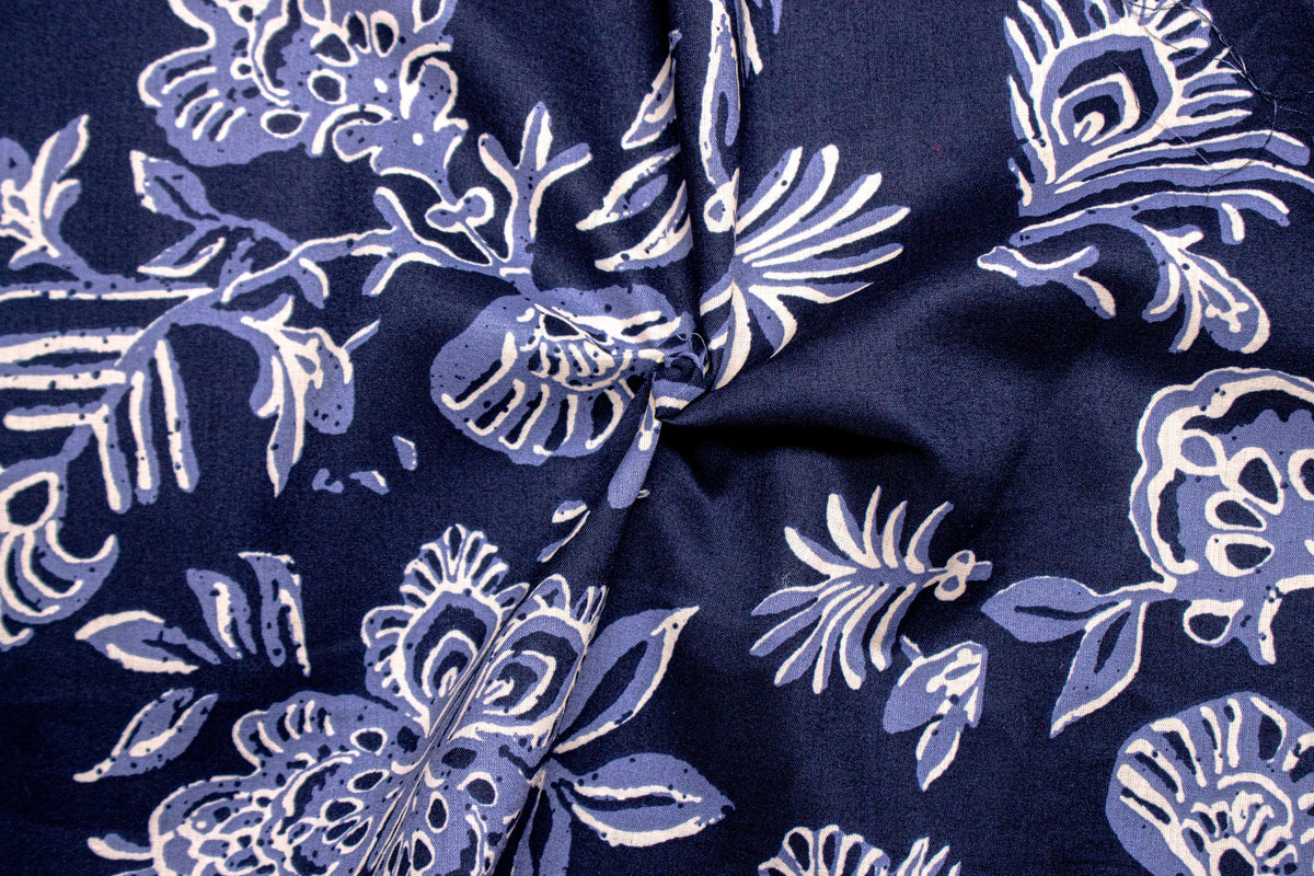 Navy Floral Print Cotton Cambric Fabric