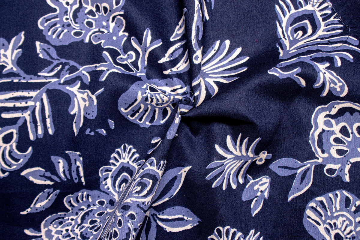 Navy Floral Print Cotton Cambric Fabric