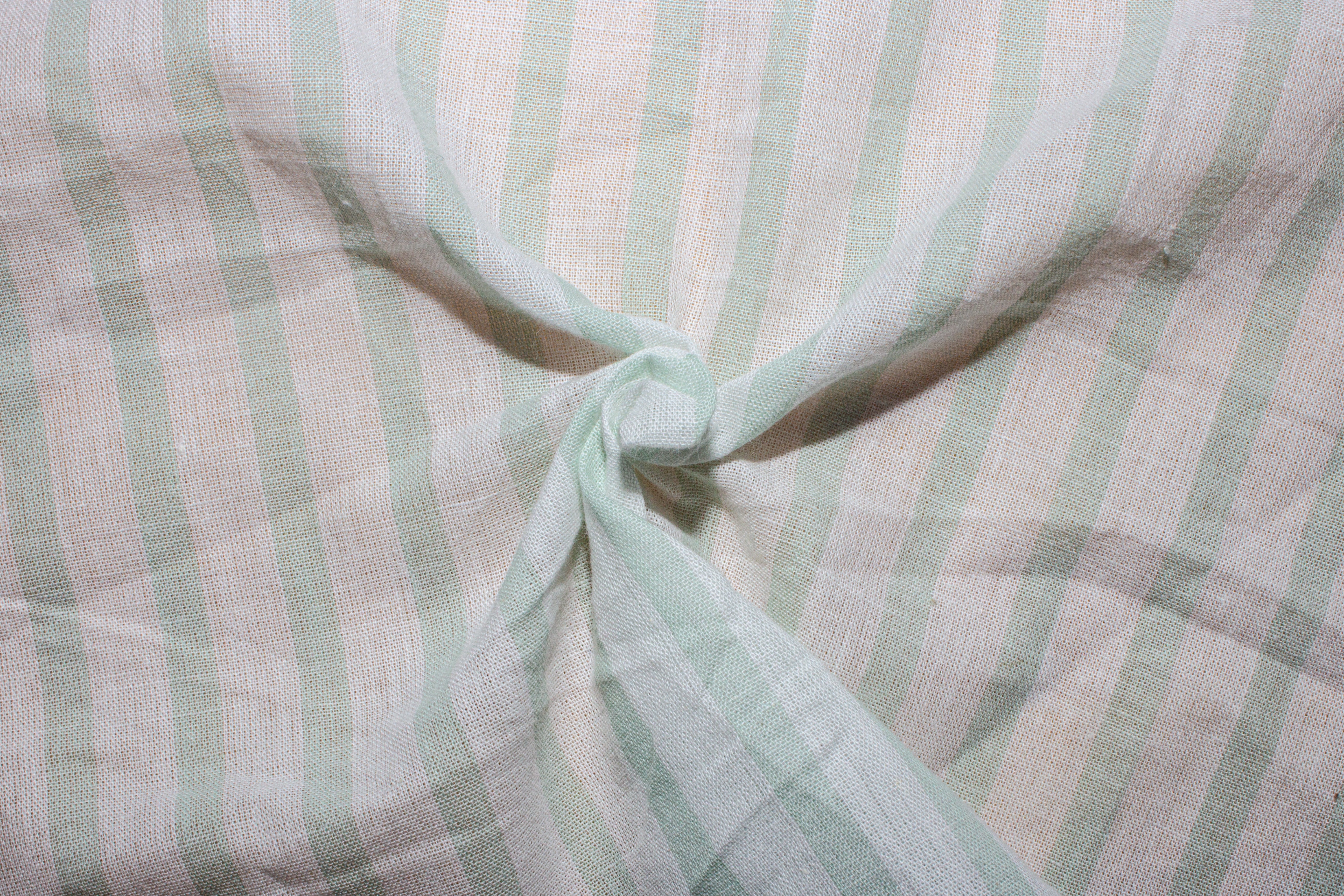 White & Pista Green Mul Stripe Cotton Fabric