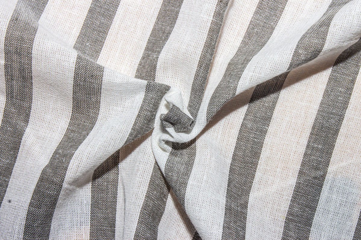 White & Olive Green Cotton Mul Stripe Fabric