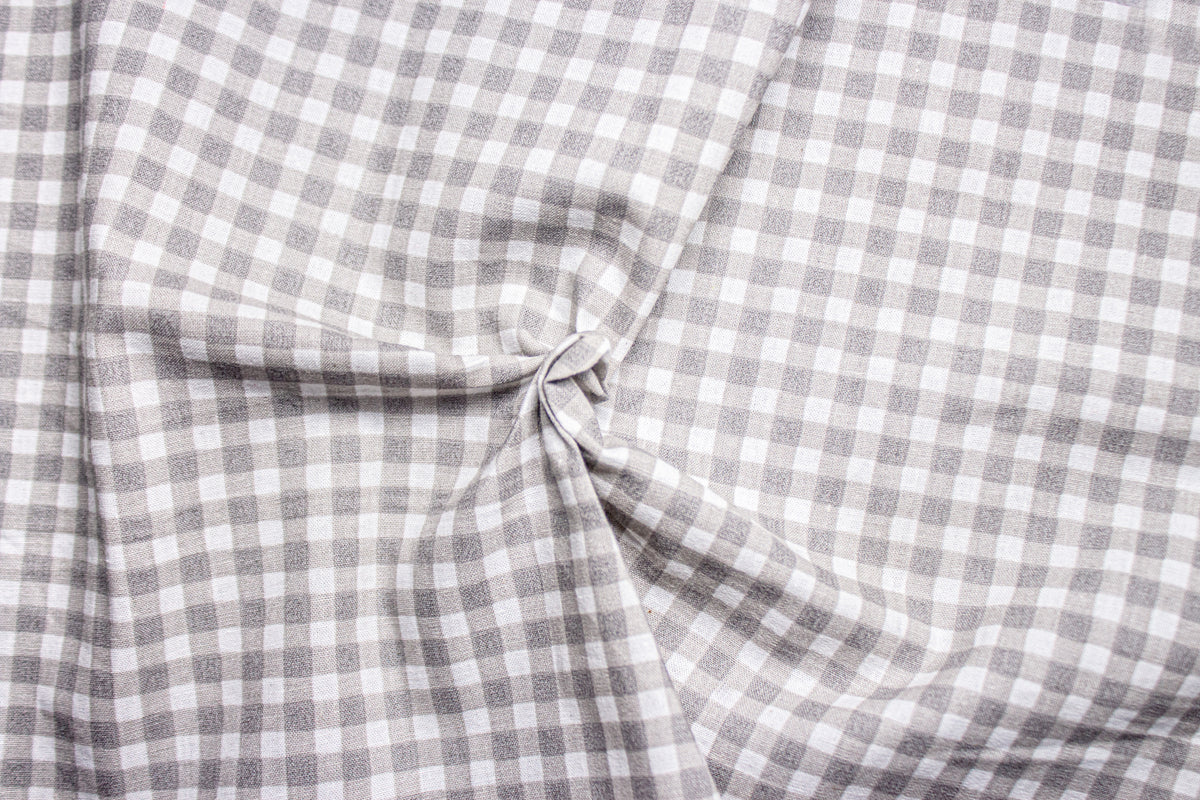 White & Steel Grey Printed Gingham Check Cotton Fabric