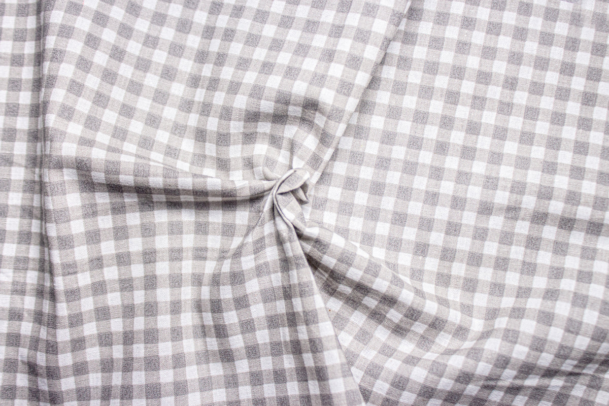 White & Steel Grey Printed Gingham Check Cotton Fabric