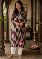 Black & Red Handloom Ikat Cotton Fabric