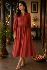 Rust Orange Handloom Slub Jacquard Border Cotton Fabric