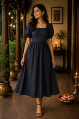 Navy Blue Handloom Slub Jacquard Border Cotton Fabric