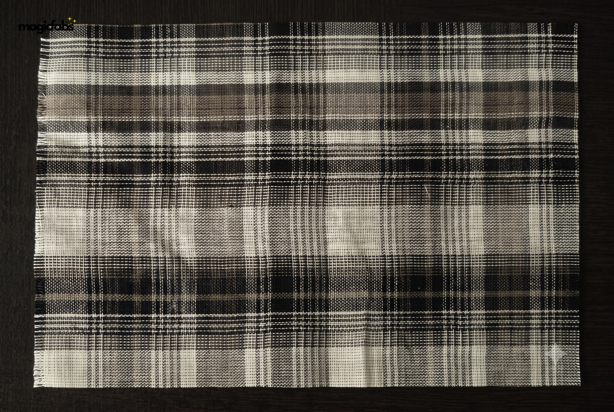 White & Olive Cotton Reversible Madras Checks Fabric