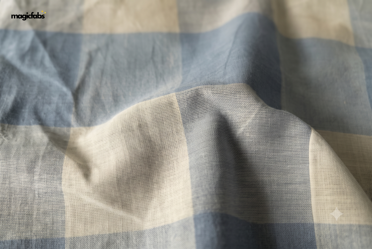 White & Powder Blue Cotton Mul TomTom Checks Fabric