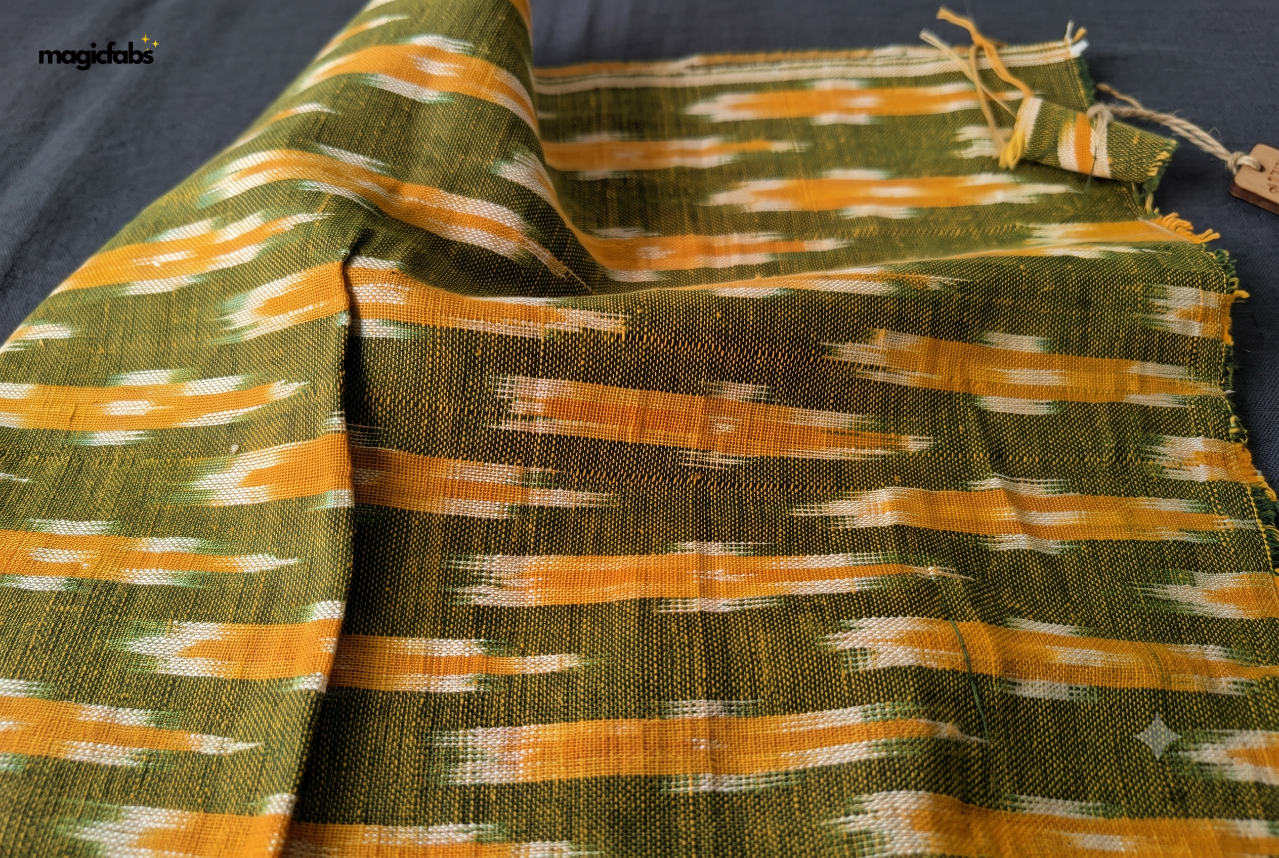 Green & Saffron Orange Cotton Hand Loom Ikat Fabric