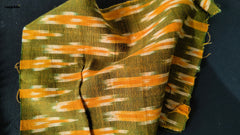 Green & Saffron Orange Cotton Hand Loom Ikat Fabric