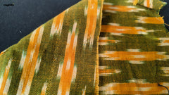 Green & Saffron Orange Cotton Hand Loom Ikat Fabric