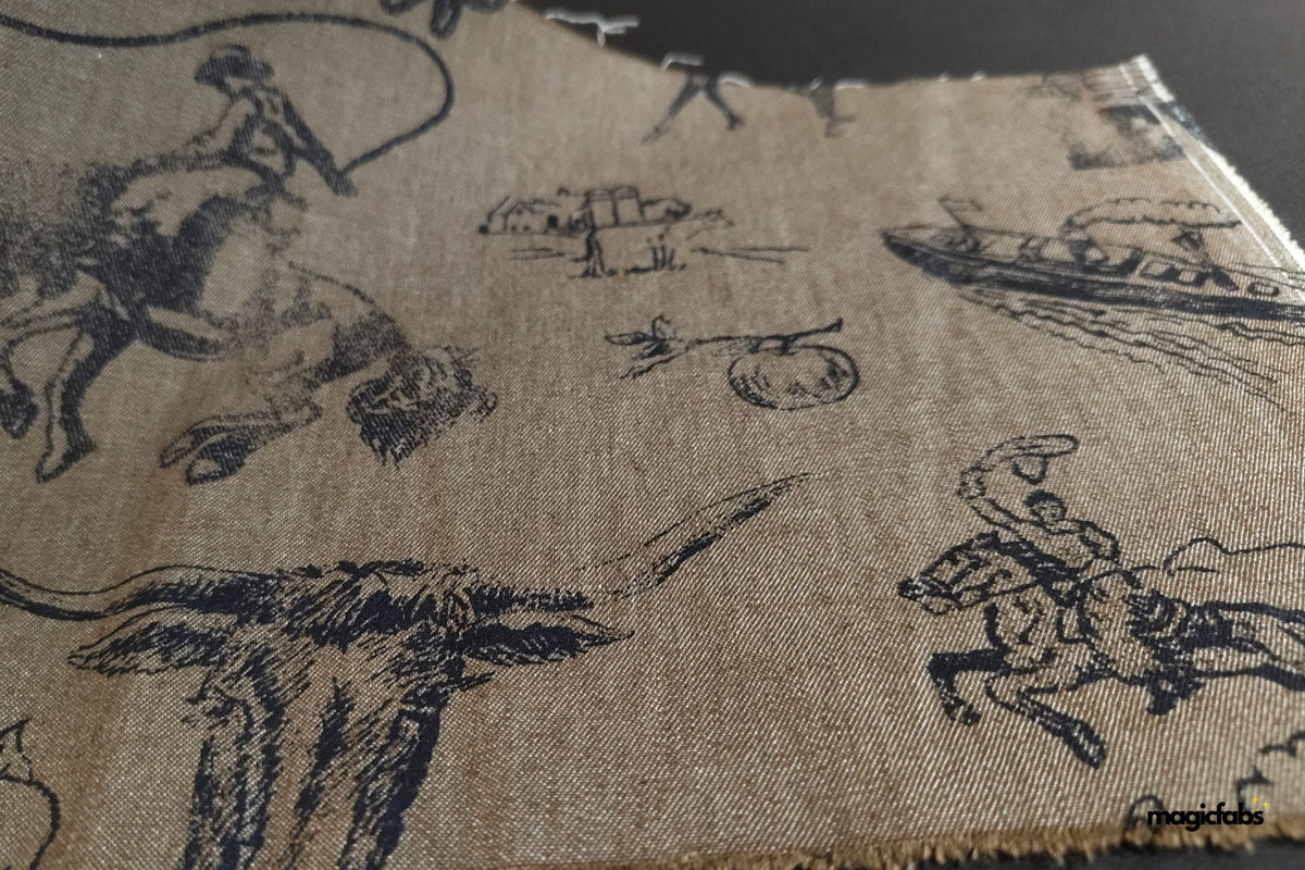 Olive Brown Cotton Lycra Denim Print Fabric