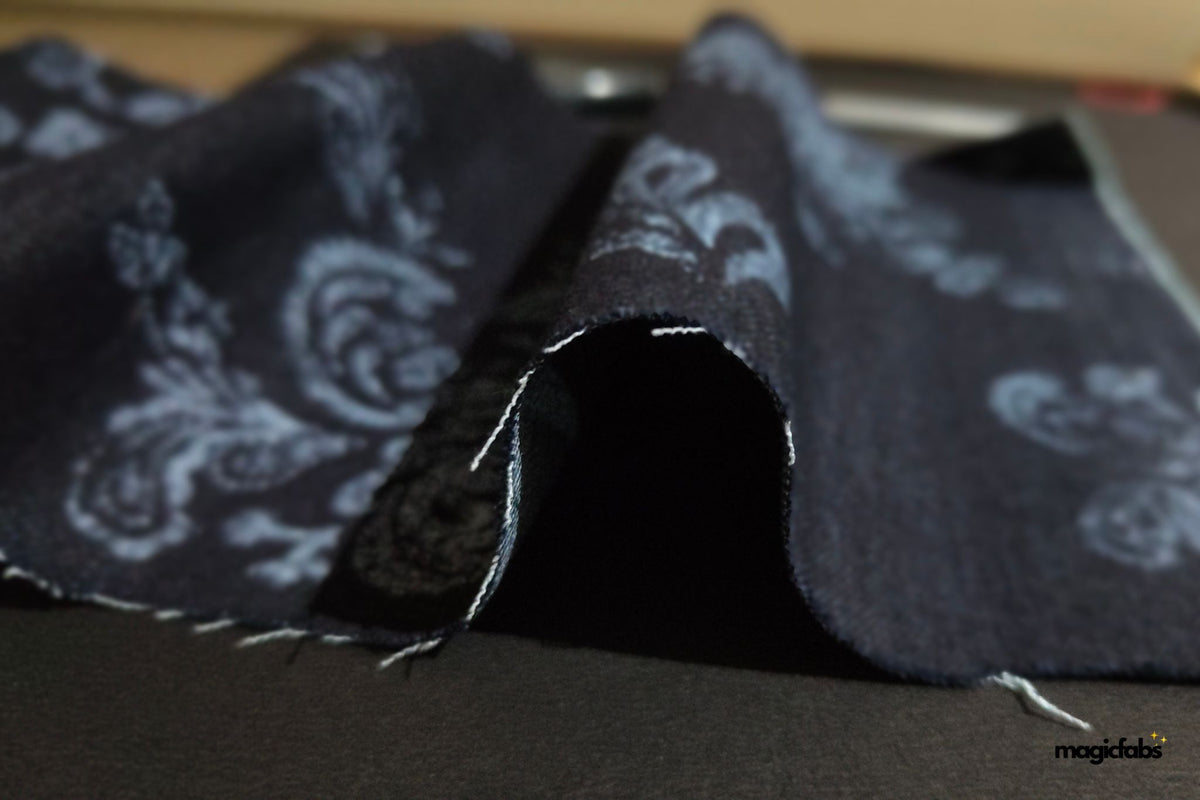 Indigo Cotton Lycra Denim Floral Print Fabric 1