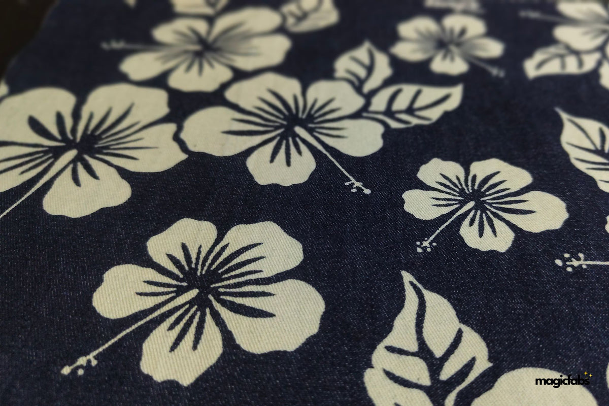 Indigo Cotton Lycra Denim Floral Print Fabric 2