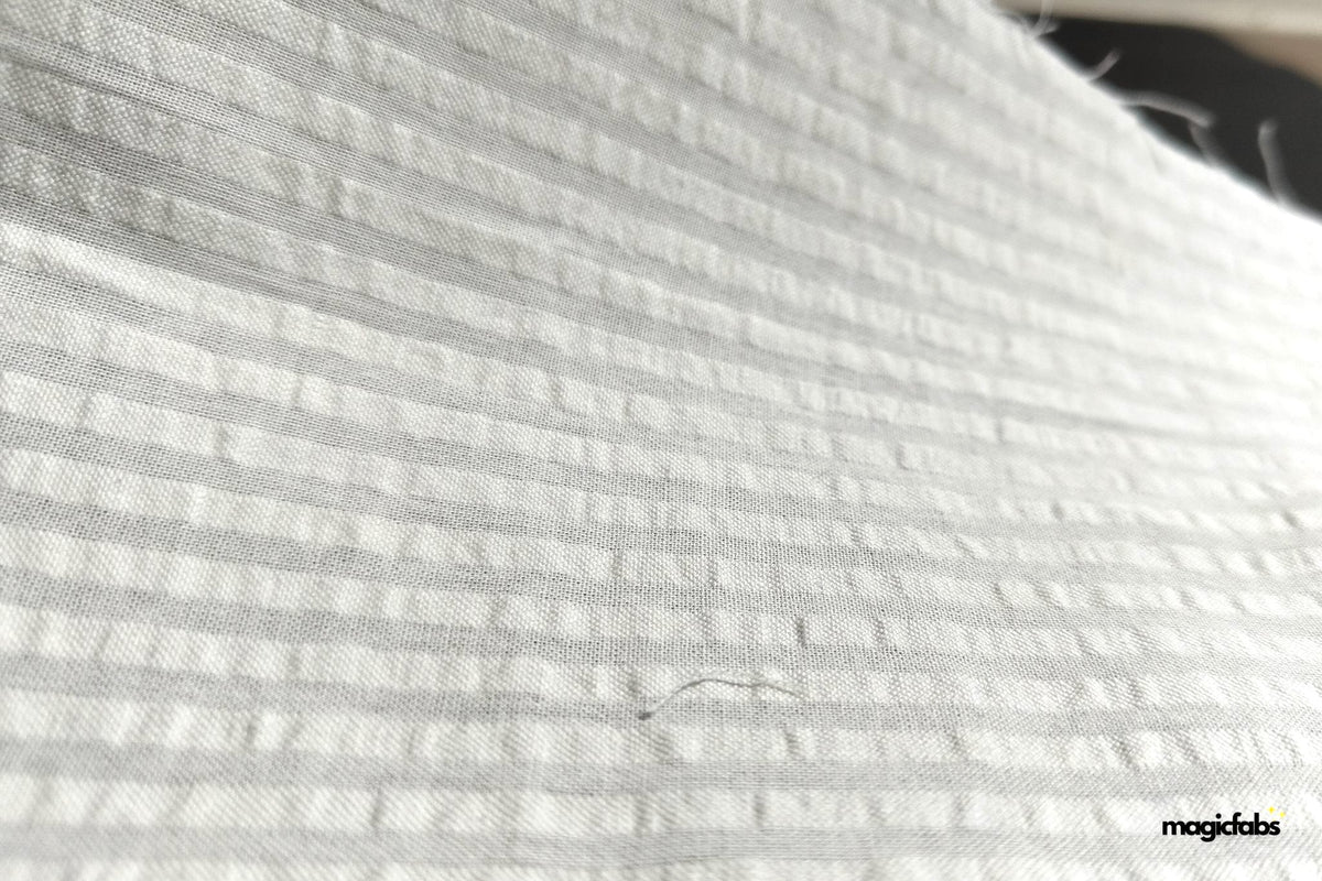 White Cotton Seersucker Self Pin Stripe Fabric