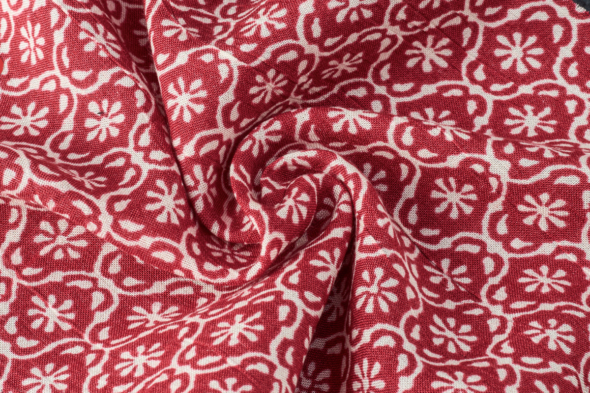 Burgundy Orange Floral Print Viscose Crepe Fabric